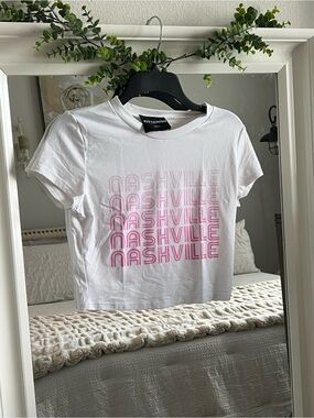 Kittenish White Cropped Tee with Pink Nashville Graphic